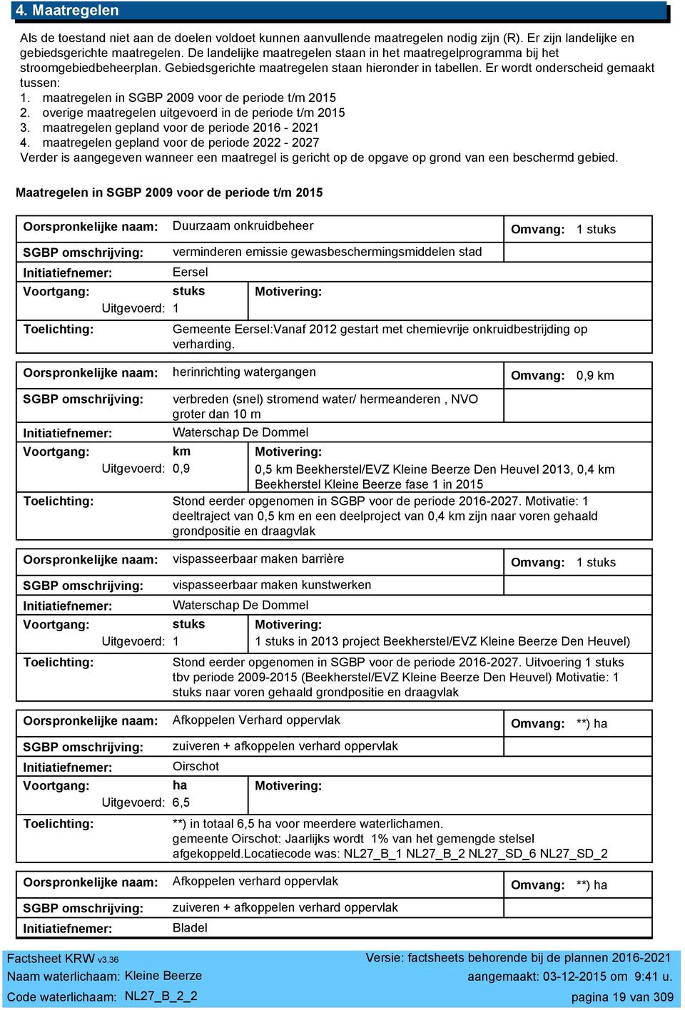 maatregelen in SGBP 009 voor de periode t/m 015. overige maatregelen uitgevoerd in de periode t/m 015 3. maatregelen gepland voor de periode 016-01 4.