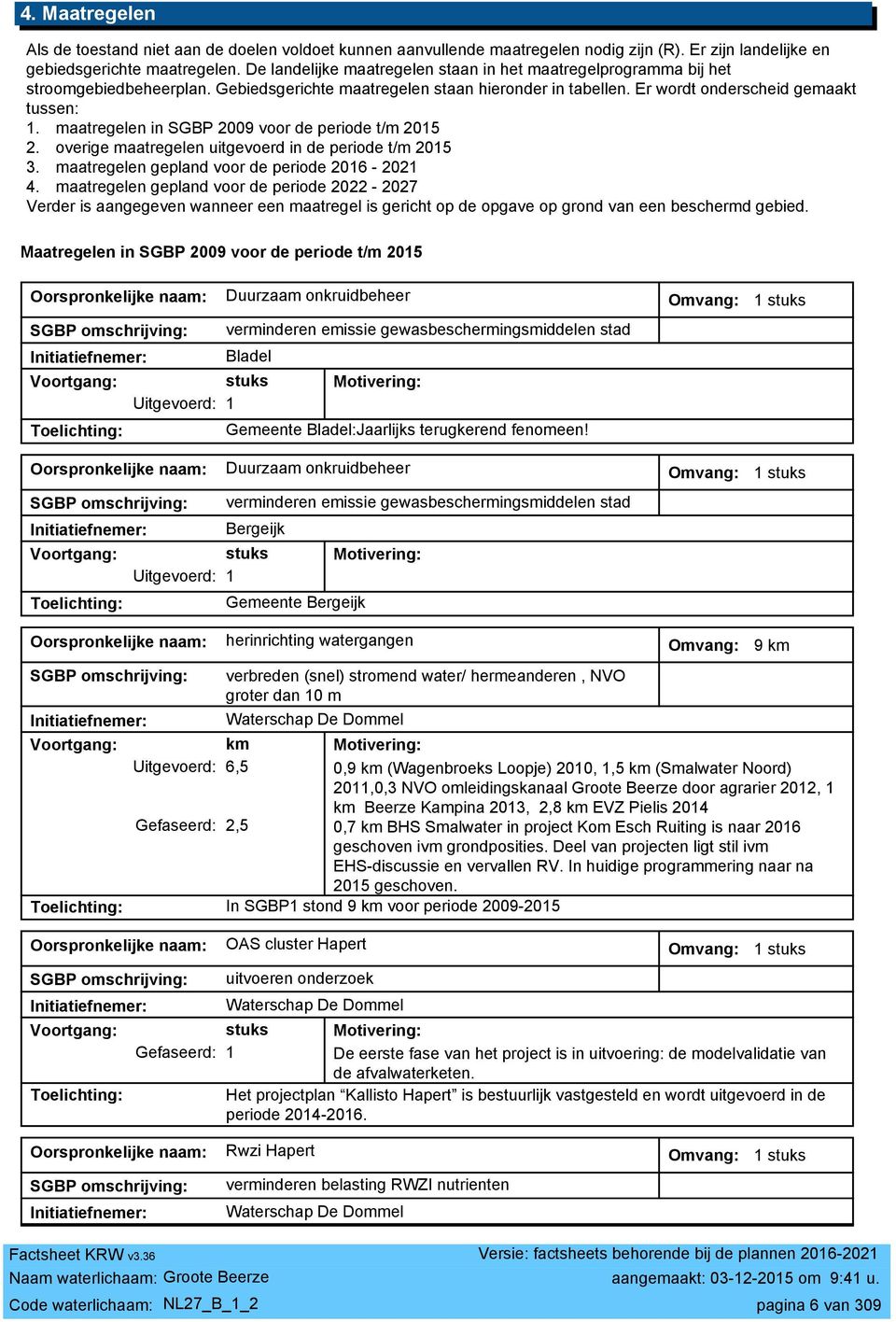 maatregelen in SGBP 009 voor de periode t/m 015. overige maatregelen uitgevoerd in de periode t/m 015 3. maatregelen gepland voor de periode 016-01 4.