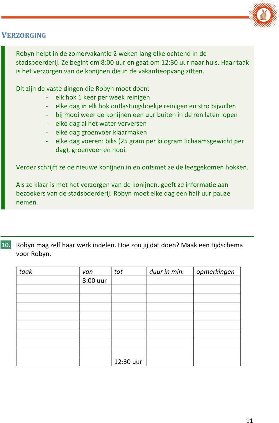 Dit zijn de vaste dingen die Robyn moet doen: - elk hok 1 keer per week reinigen - elke dag in elk hok ontlastingshoekje reinigen en stro bijvullen - bij mooi weer de konijnen een uur buiten in de