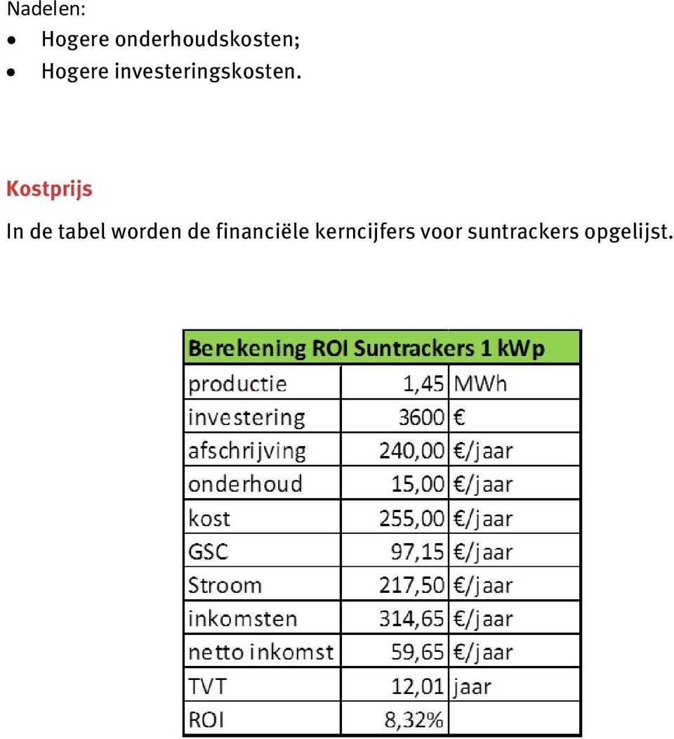 Kostprijs In de tabel worden de