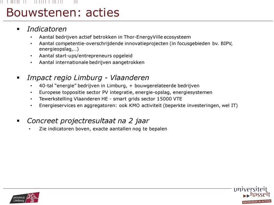 Limburg, + bouwgerelateerde bedrijven Europese toppositie sector PV integratie, energie-opslag, energiesystemen Tewerkstelling Vlaanderen HE - smart grids sector 15000 VTE