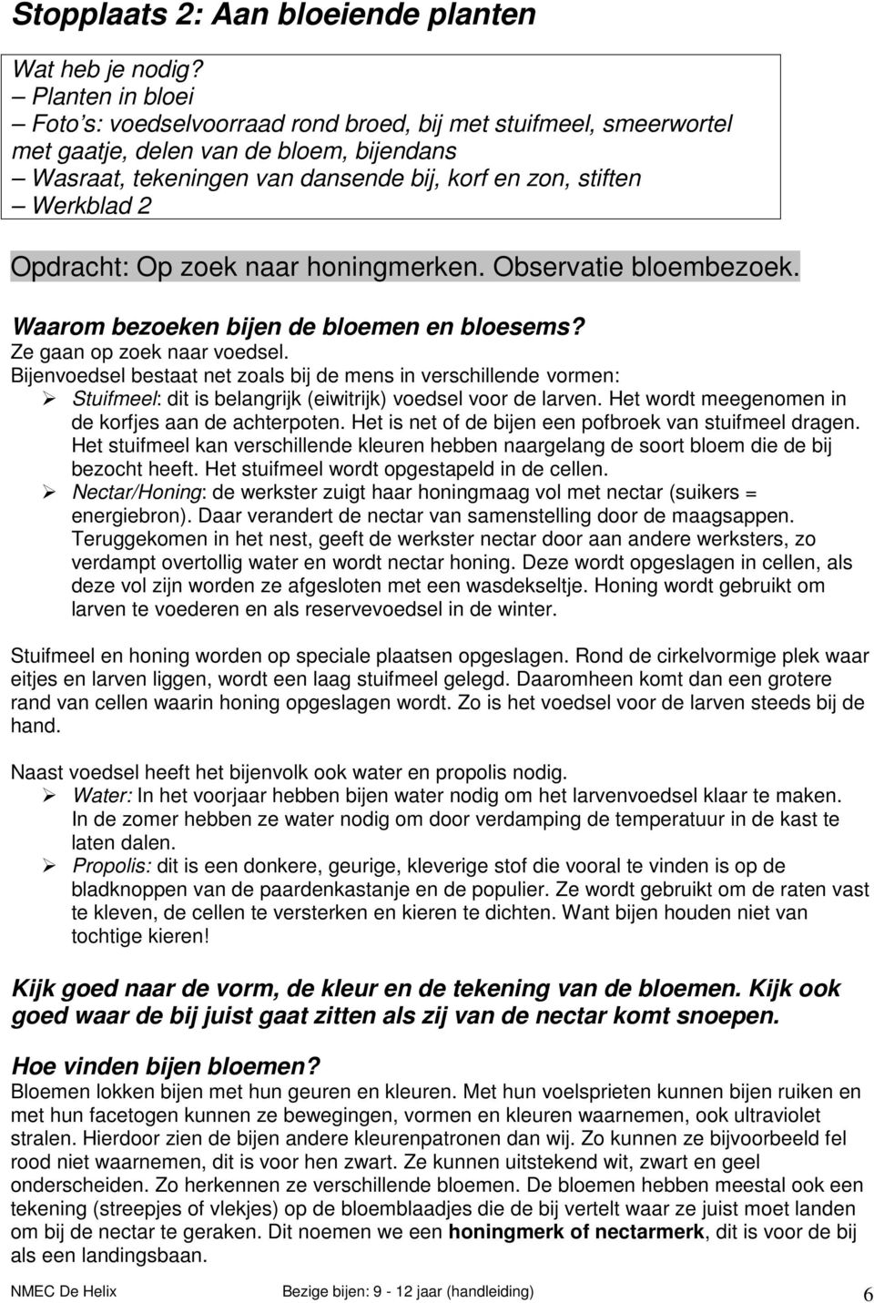 Opdracht: Op zoek naar honingmerken. Observatie bloembezoek. Waarom bezoeken bijen de bloemen en bloesems? Ze gaan op zoek naar voedsel.