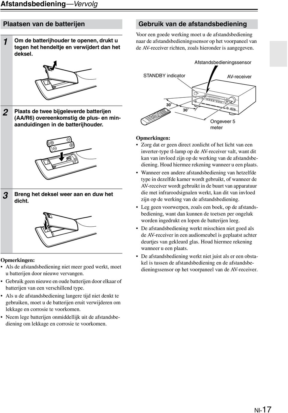 Afstandsbedieningssensor STANDBY indicator AV-receiver Plaats de twee bijgeleverde batterijen (AA/6) overeenkomstig de plus- en minaanduidingen in de batterijhouder.