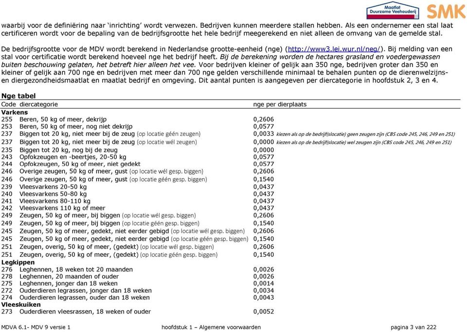 De bedrijfsgrootte voor de MDV wordt berekend in Nederlandse grootte-eenheid (nge) (http://www3.lei.wur.nl/neg/).