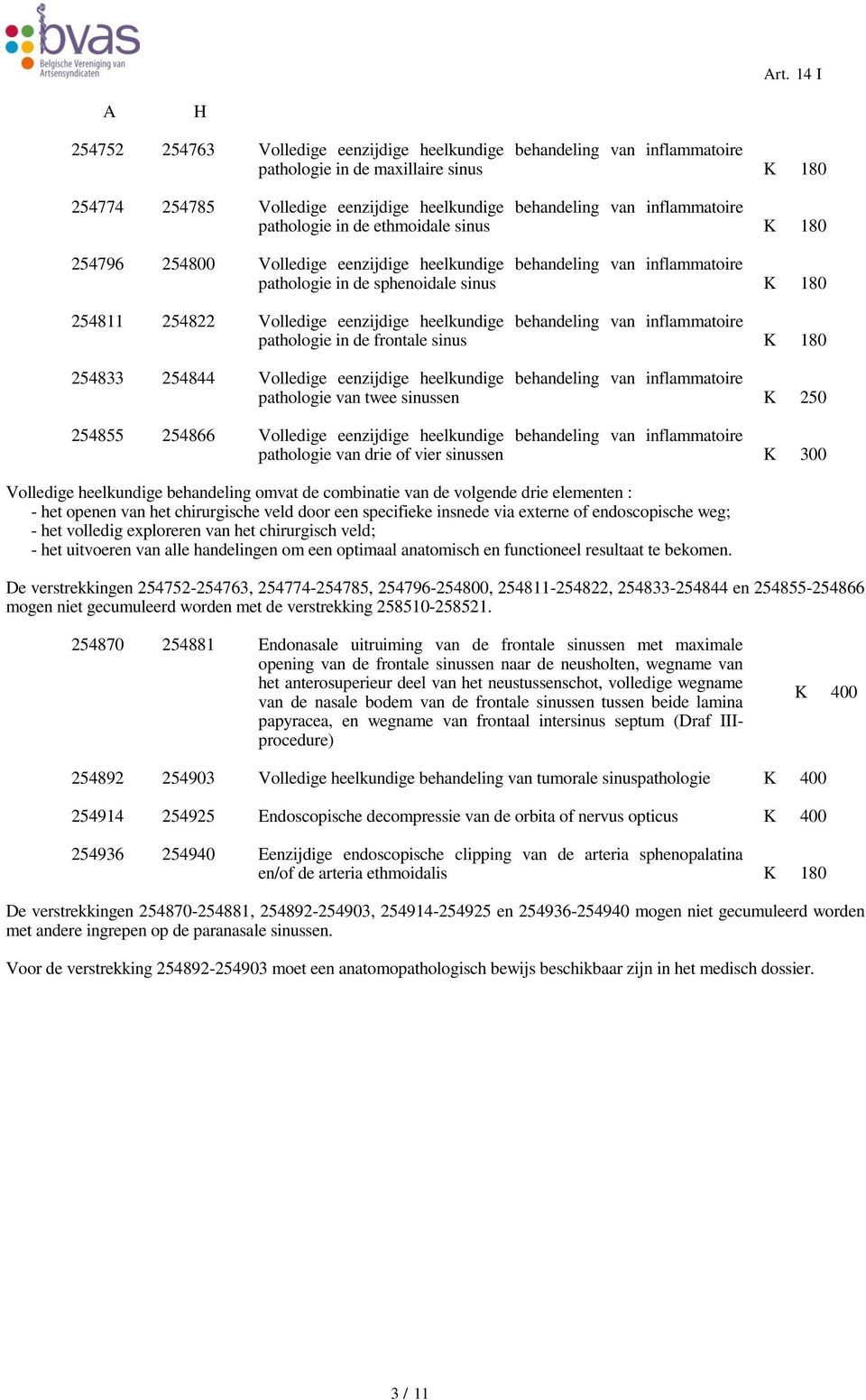 heelkundige behandeling van inflammatoire pathologie in de frontale sinus K 180 254833 254844 Volledige eenzijdige heelkundige behandeling van inflammatoire pathologie van twee sinussen K 250 254855