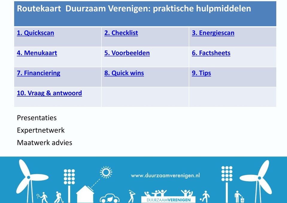 Voorbeelden 6. Factsheets 7. Financiering 8. Quick wins 9.