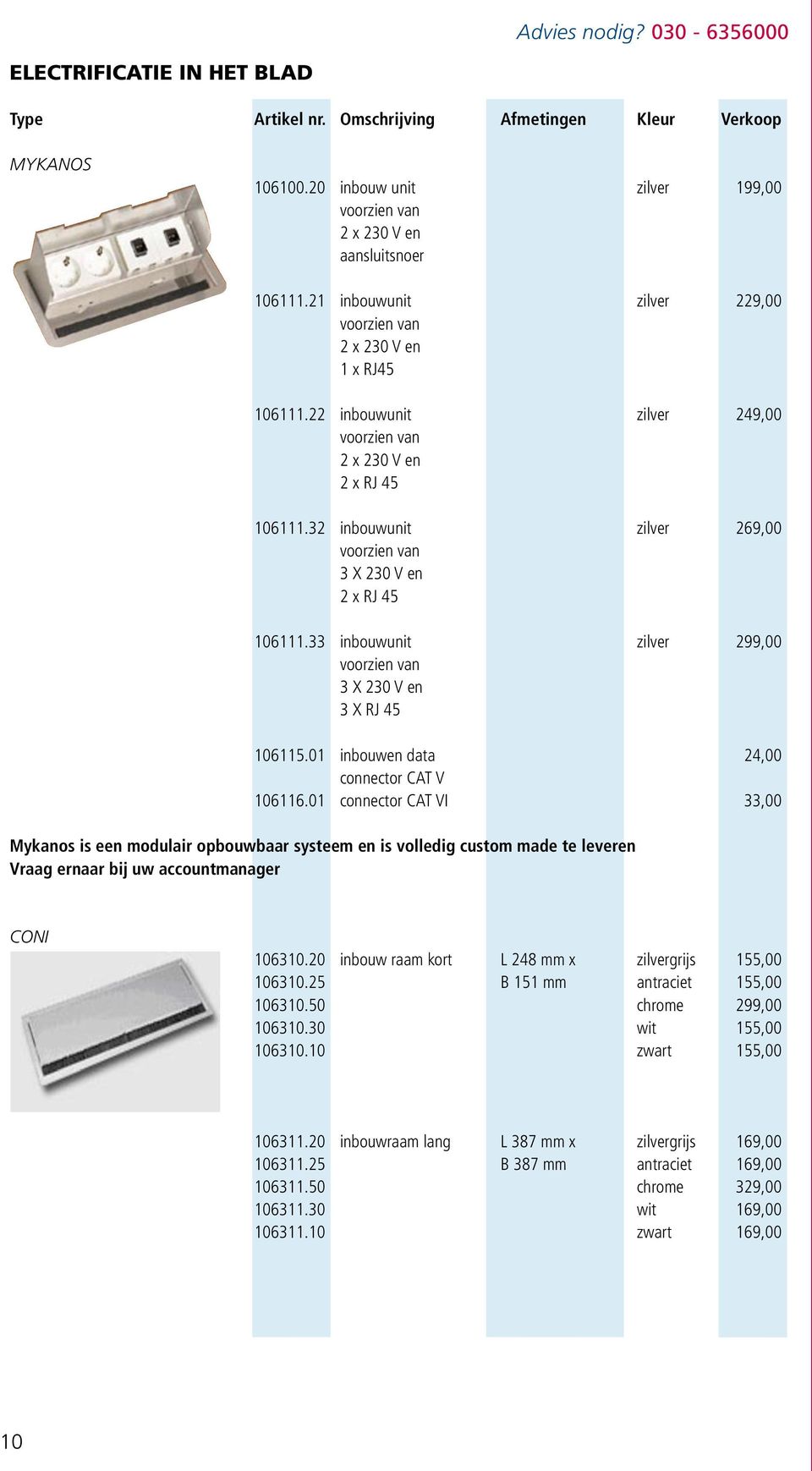 32 inbouwunit zilver 269,00 voorzien van 3 X 230 V en 2 x RJ 45 106111.33 inbouwunit zilver 299,00 voorzien van 3 X 230 V en 3 X RJ 45 106115.01 inbouwen data 24,00 connector CAT V 106116.