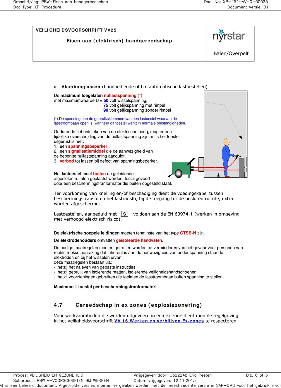 Gedurende het ontsteken van de elektrische boog, mag er een tijdelijke overschrijding van de nullastspanning zijn, mits het toestel uitgerust is met: 1. een spanningsbeperker, 2.