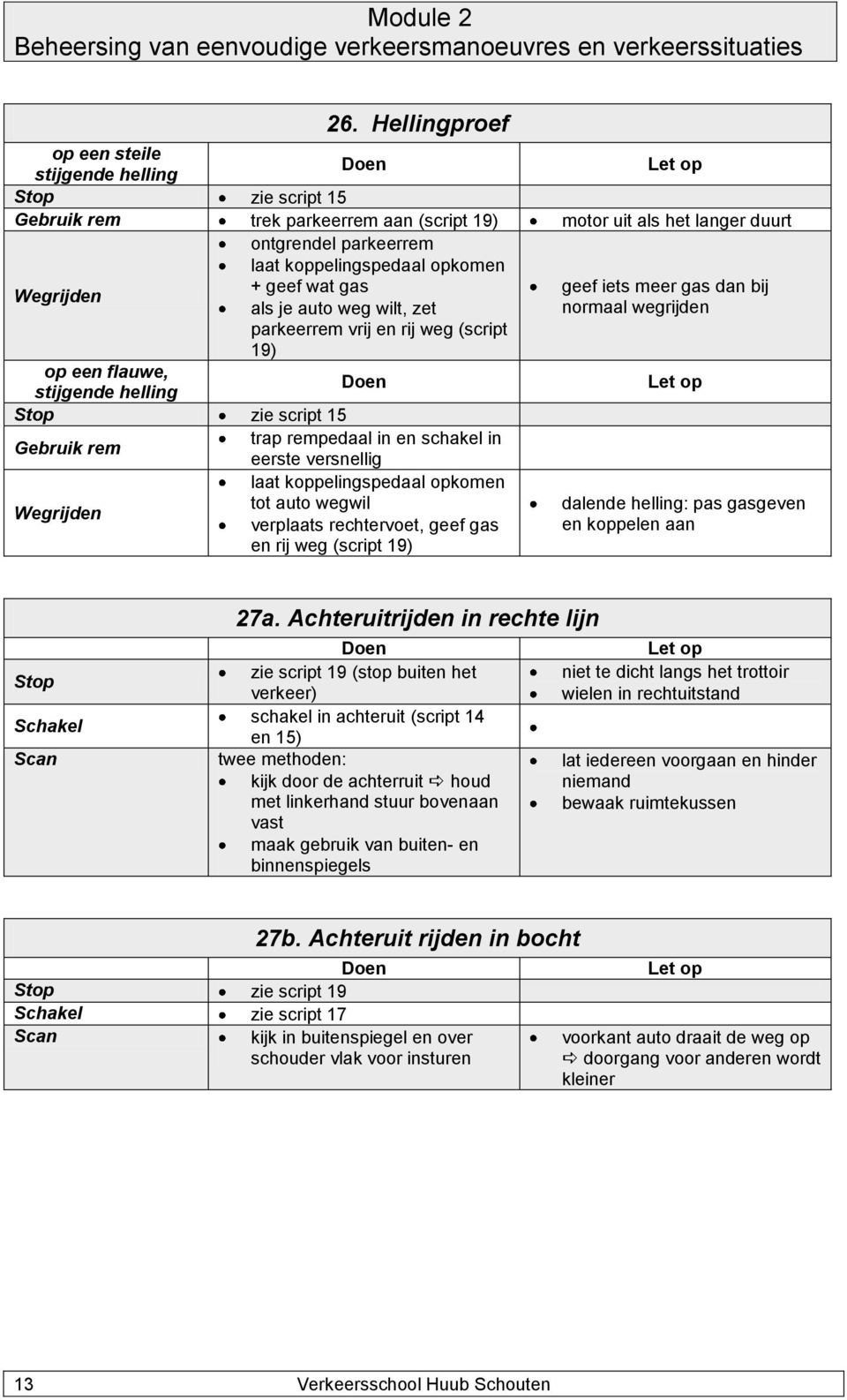 Wegrijden + geef wat gas geef iets meer gas dan bij als je auto weg wilt, zet normaal wegrijden parkeerrem vrij en rij weg (script 19) op een flauwe, stijgende helling Stop zie script 15 Gebruik rem