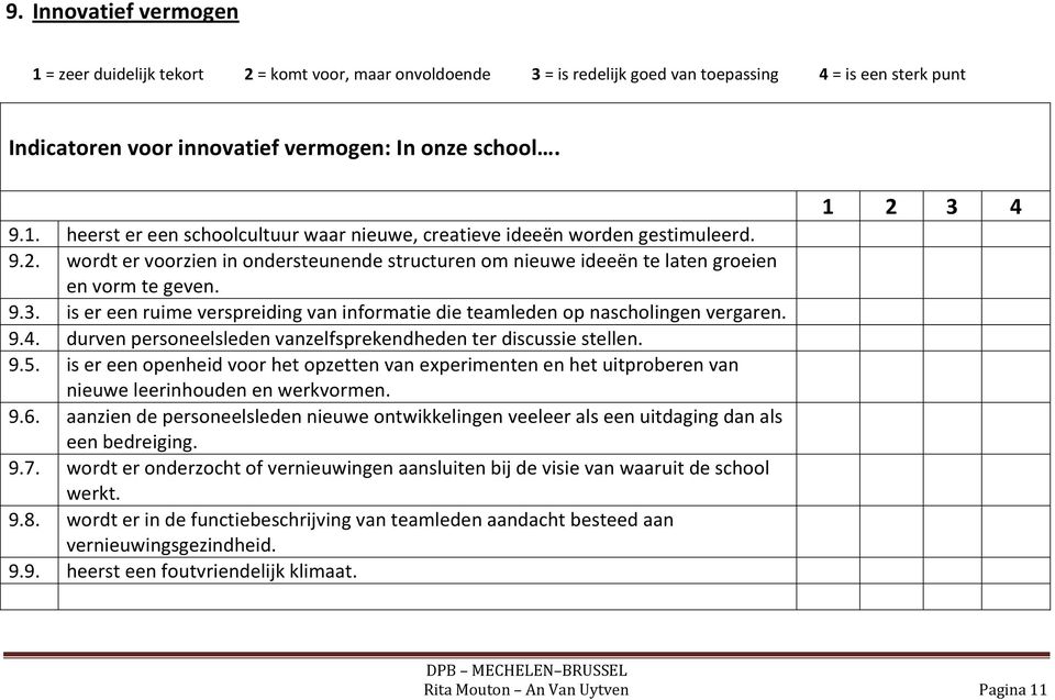 durven personeelsleden vanzelfsprekendheden ter discussie stellen. 9.5. is er een openheid voor het opzetten van experimenten en het uitproberen van nieuwe leerinhouden en werkvormen. 9.6.