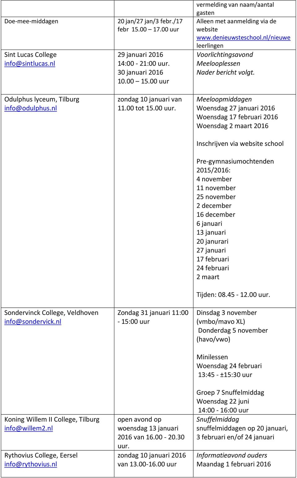 00-20.30 uur. zondag 10 januari 2016 van 13.00-16.00 uur vermelding van naam/aantal gasten Alleen met aanmelding via de website www.denieuwsteschool.