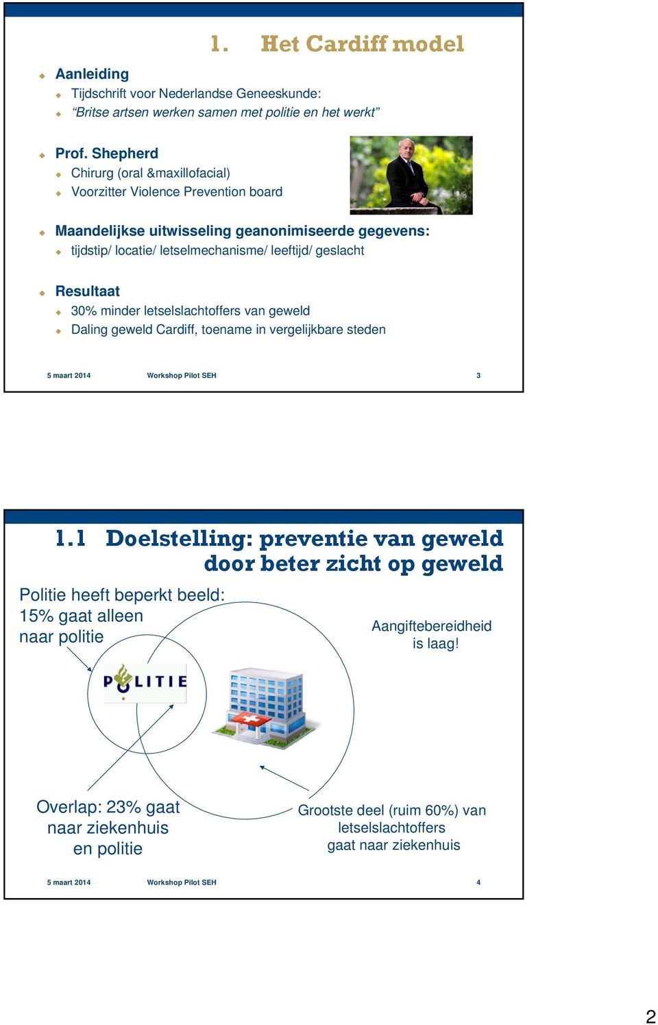 Resultaat 30% minder letselslachtoffers van geweld Daling geweld Cardiff, toename in vergelijkbare steden 5 maart 2014 Workshop Pilot SEH 3 1.