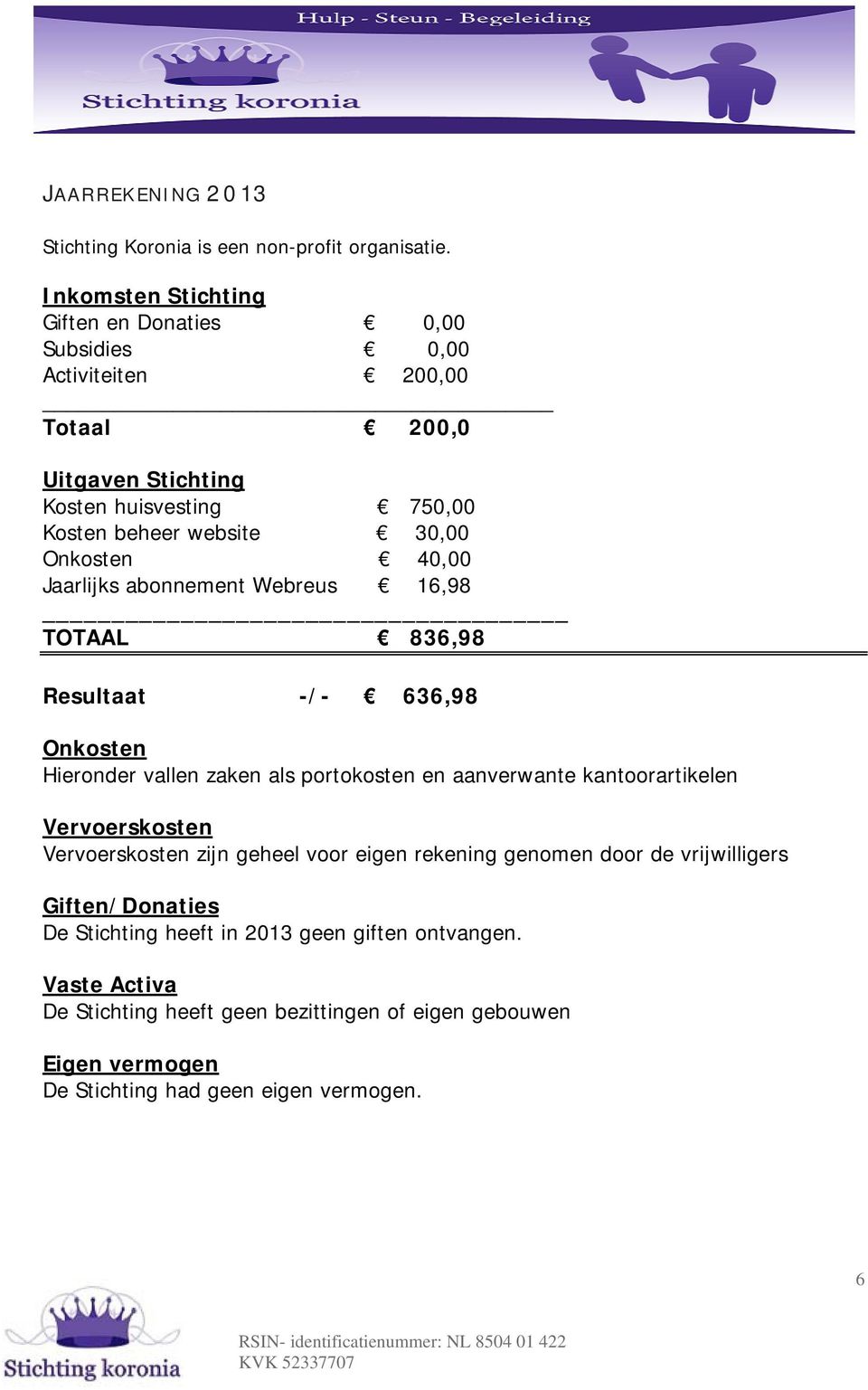 Onkosten 40,00 Jaarlijks abonnement Webreus 16,98 TOTAAL 836,98 Resultaat -/- 636,98 Onkosten Hieronder vallen zaken als portokosten en aanverwante kantoorartikelen