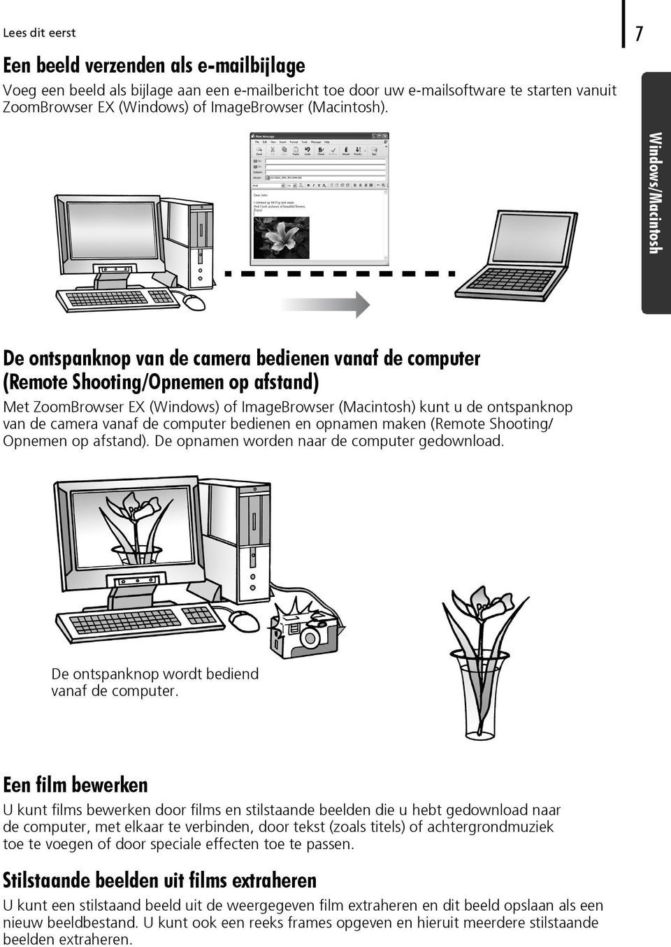 Windows/Macintosh De ontspanknop van de camera bedienen vanaf de computer (Remote Shooting/Opnemen op afstand) Met ZoomBrowser EX (Windows) of ImageBrowser (Macintosh) kunt u de ontspanknop van de