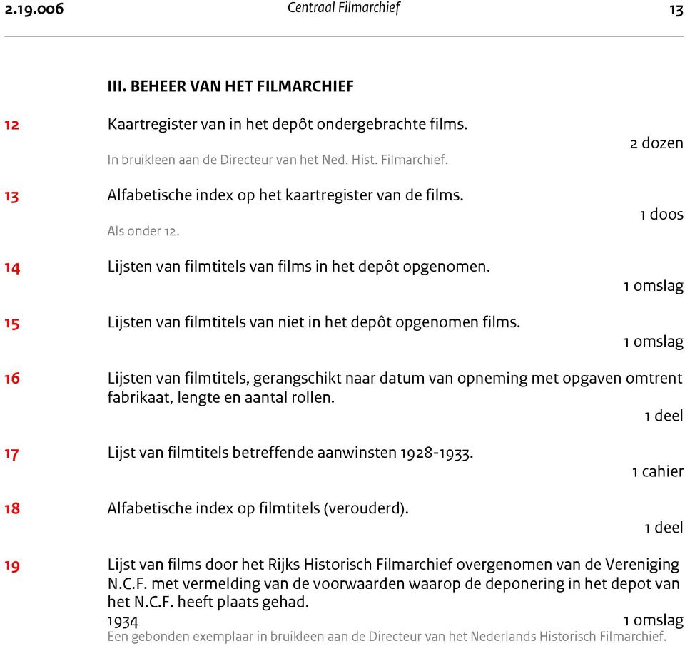 15 Lijsten van filmtitels van niet in het depôt opgenomen films.