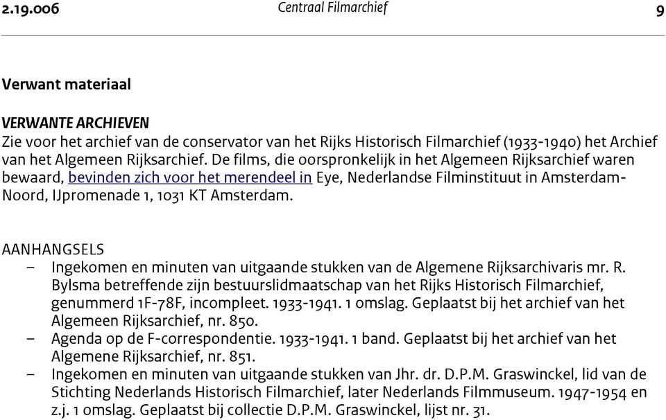 De films, die oorspronkelijk in het Algemeen Rijksarchief waren bewaard, bevinden zich voor het merendeel in Eye, Nederlandse Filminstituut in Amsterdam- Noord, IJpromenade 1, 1031 KT Amsterdam.