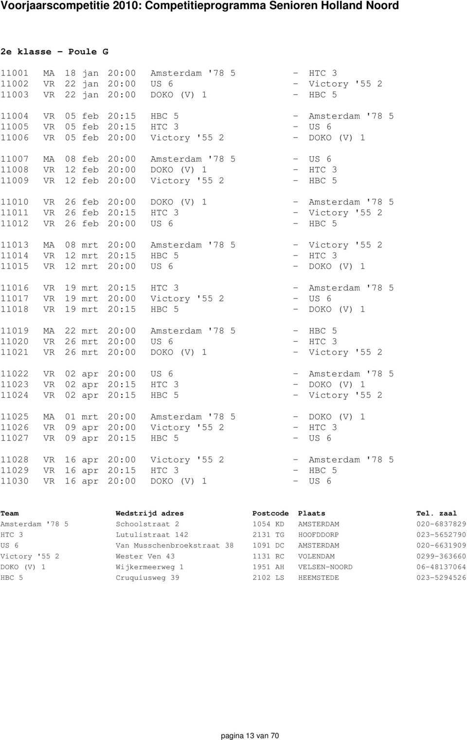 '55 2 - HBC 5 11010 VR 26 feb 20:00 DOKO (V) 1 - Amsterdam '78 5 11011 VR 26 feb 20:15 HTC 3 - Victory '55 2 11012 VR 26 feb 20:00 US 6 - HBC 5 11013 MA 08 mrt 20:00 Amsterdam '78 5 - Victory '55 2