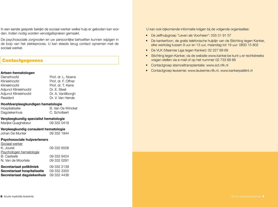 Contactgegevens Artsen-hematologen Diensthoofd Kliniekhoofd Kliniekhoofd Adjunct Kliniekhoofd Adjunct Kliniekhoofd Resident Prof. dr. L. Noens Prof. dr. F. Offner Prof. dr. T. Kerre Dr. E. Steel Dr.