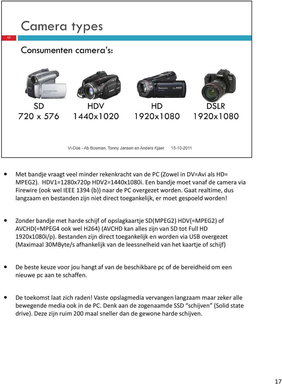 Zonder bandje met harde schijf of opslagkaartje SD(MPEG2) HDV(=MPEG2) of AVCHD(=MPEG4 ook wel H264) (AVCHD kan alles zijn van SD tot Full HD 1920x1080i/p).