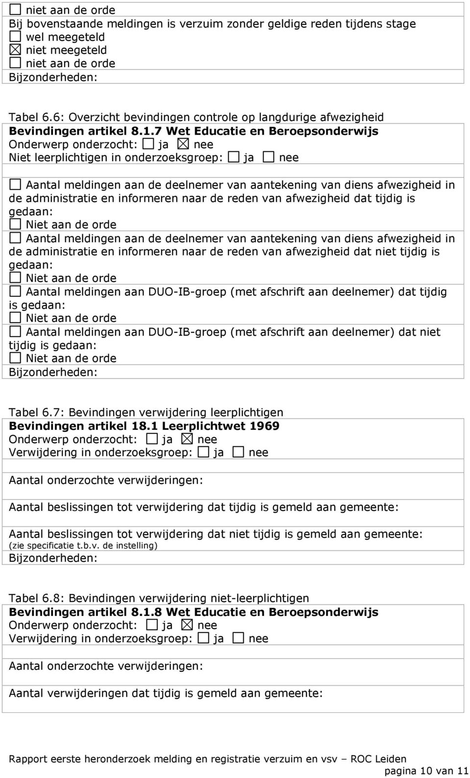 7 Wet Educatie en Beroepsonderwijs Niet leerplichtigen in onderzoeksgroep: ja nee Aantal meldingen aan de deelnemer van aantekening van diens afwezigheid in de administratie en informeren naar de