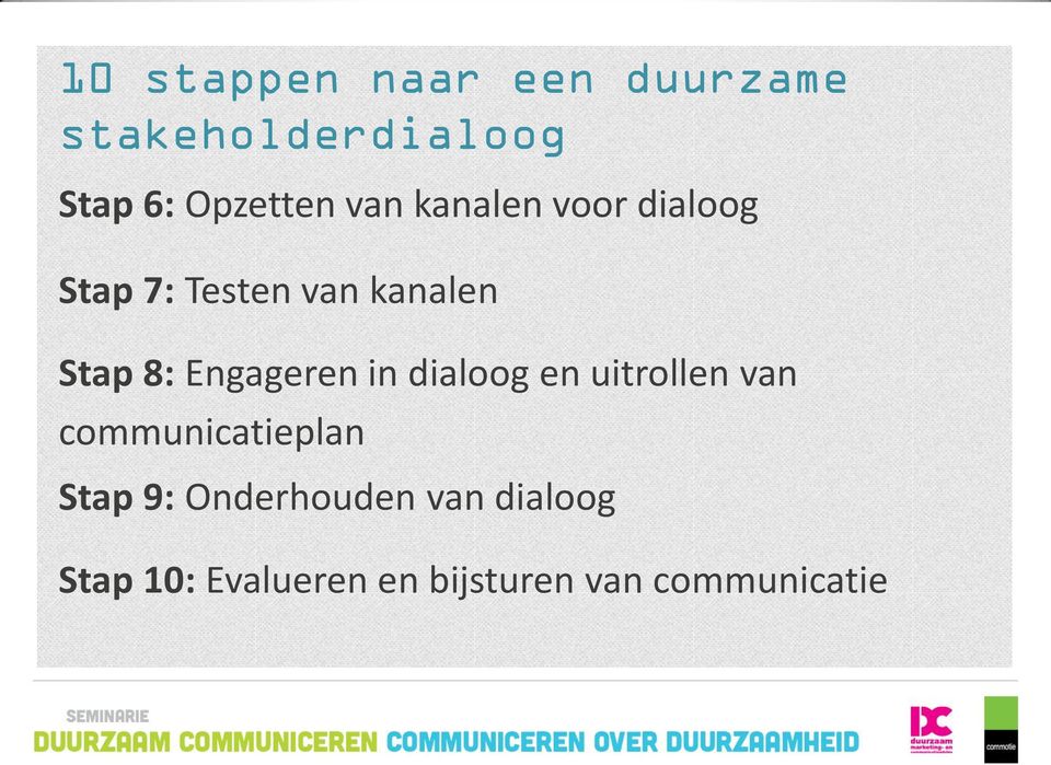 Engageren in dialoog en uitrollen van communicatieplan Stap 9: