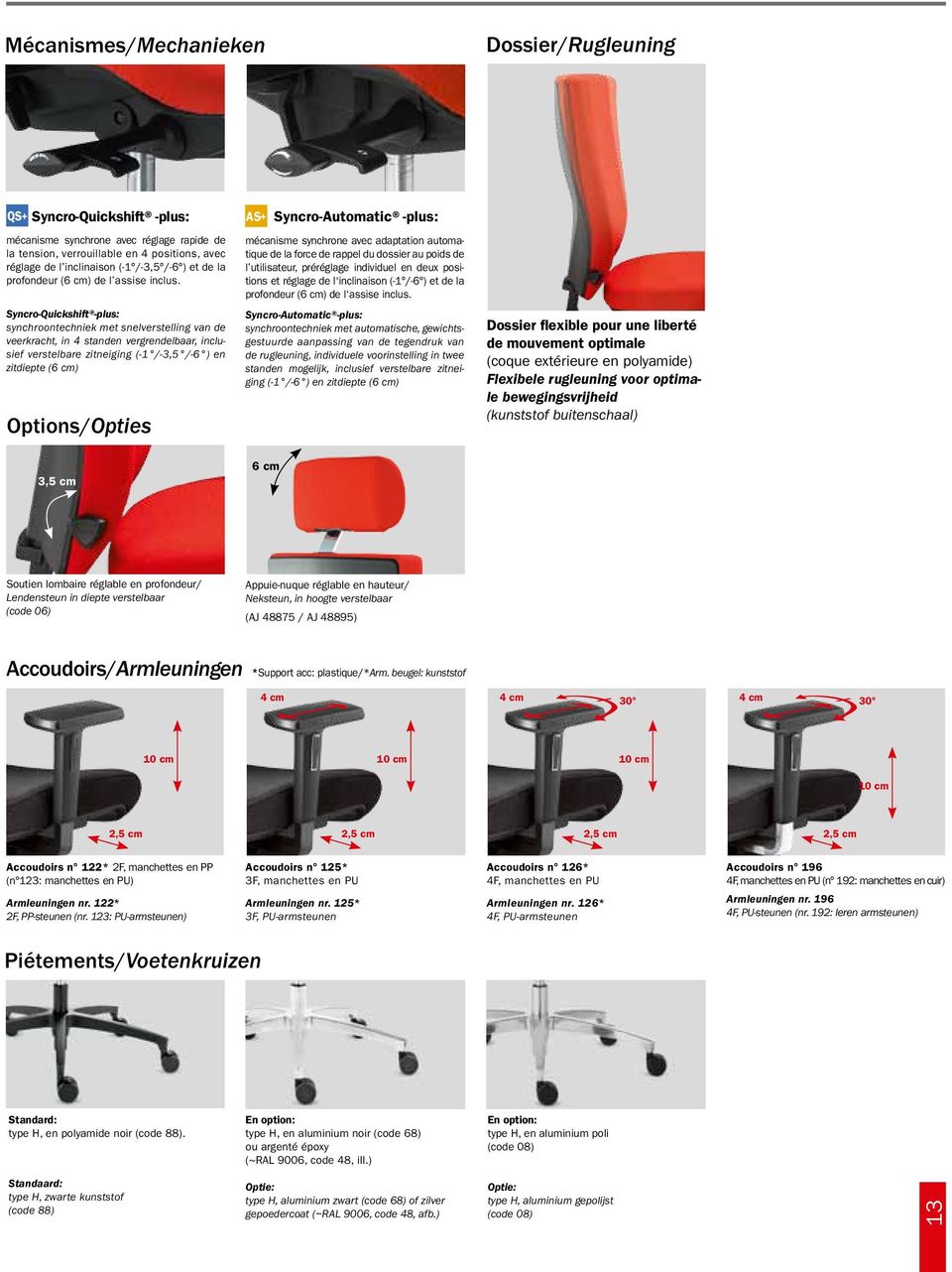 Syncro-Quickshift -plus: synchroontechniek met snelverstelling van de veerkracht, in 4 standen vergrendelbaar, inclusief verstelbare zitneiging (-1 /-3,5 /-6 ) en zitdiepte (6 cm) Options/Opties AS+