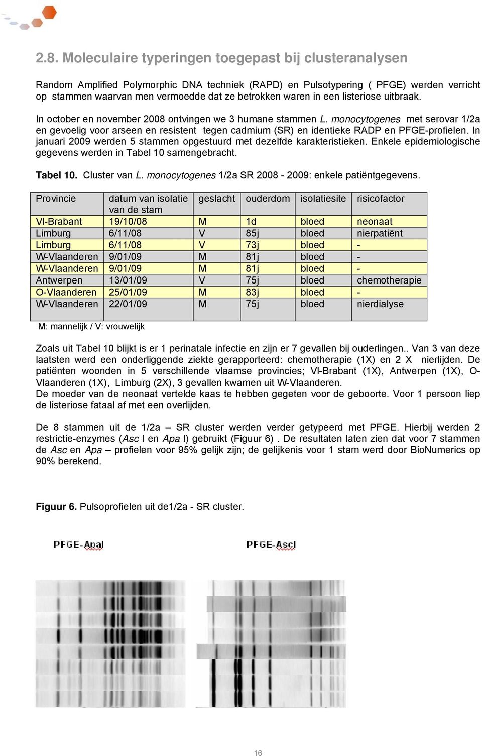 monocytogenes met serovar 1/2a en gevoelig voor arseen en resistent tegen cadmium (SR) en identieke RADP en PFGE-profielen. In januari 2009 werden 5 stammen opgestuurd met dezelfde karakteristieken.
