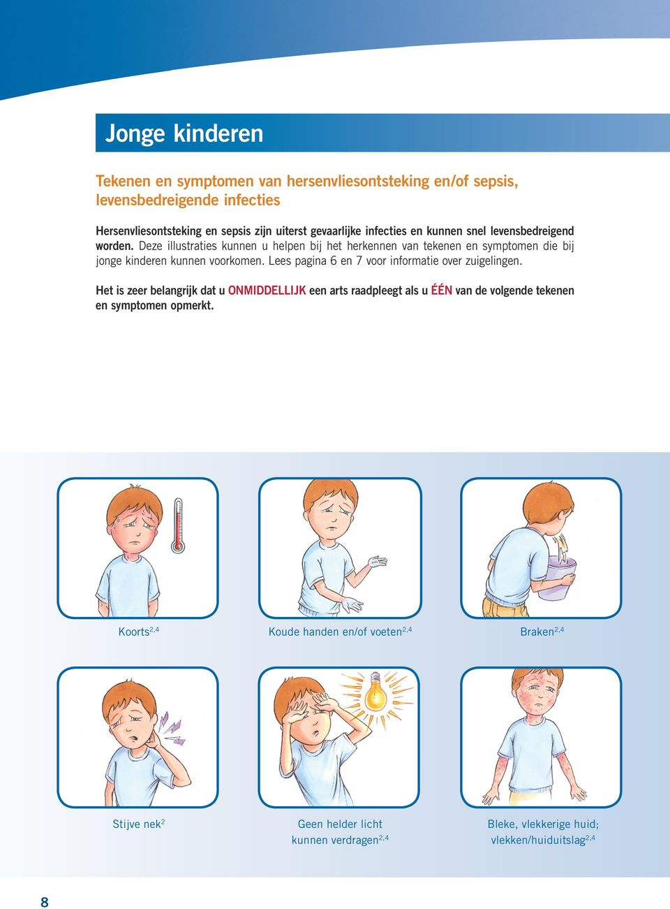 Deze illustraties kunnen u helpen bij het herkennen van tekenen en symptomen die bij jonge kinderen kunnen voorkomen.