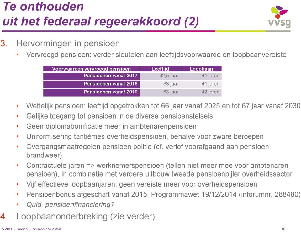 Wettelijk pensioen: leeftijd opgetrokken tot 66 jaar vanaf 2025 en tot 67 jaar vanaf 2030 Gelijke toegang tot pensioen in de diverse pensioenstelsels Geen diplomabonificatie meer in