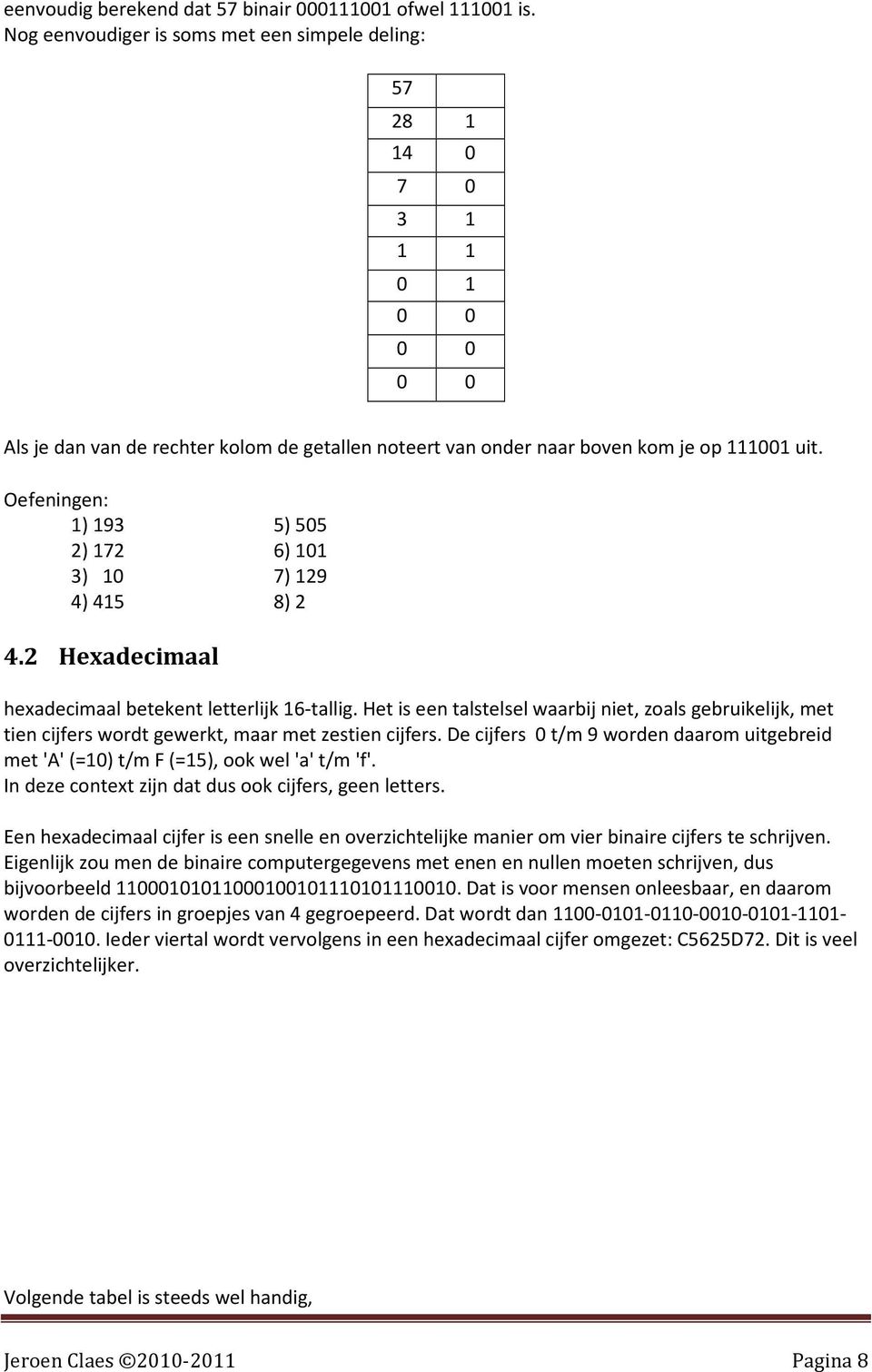 Oefeningen: 1) 193 5) 505 2) 172 6) 101 3) 10 7) 129 4) 415 8) 2 4.2 Hexadecimaal hexadecimaal betekent letterlijk 16-tallig.