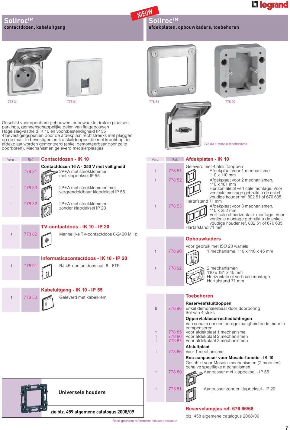 afsluitdoppen die met kracht op de afdekplaat worden gemonteerd (enkel demonteerbaar door ze te doorboren). Mechanismen geleverd met sierplaatjes Verp. Ref.