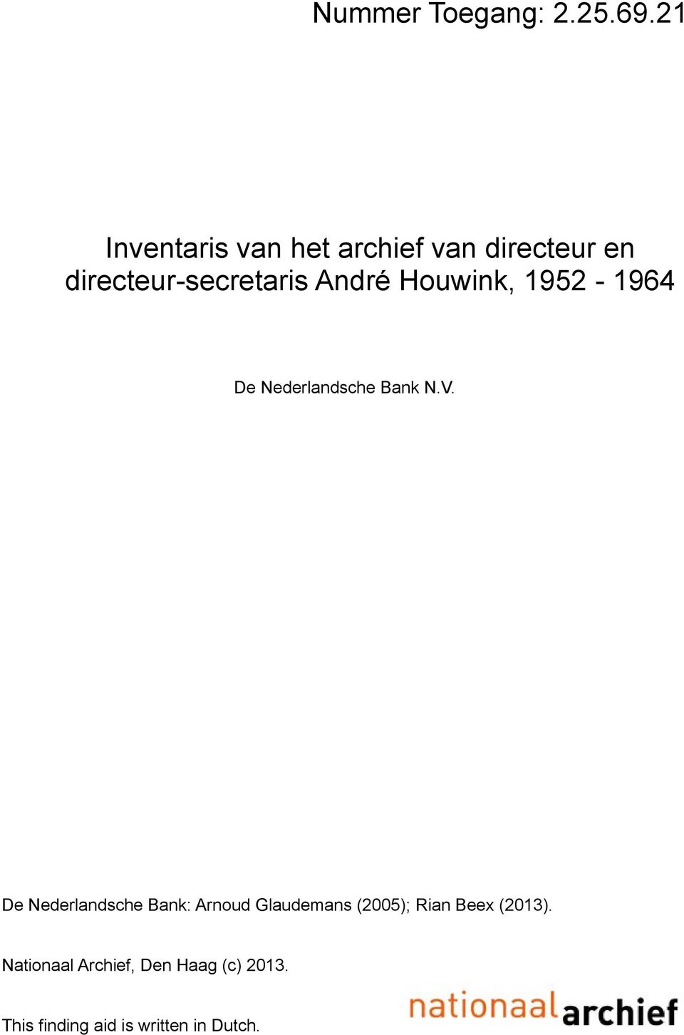 André Houwink, 1952-1964 De Nederlandsche Bank N.V.