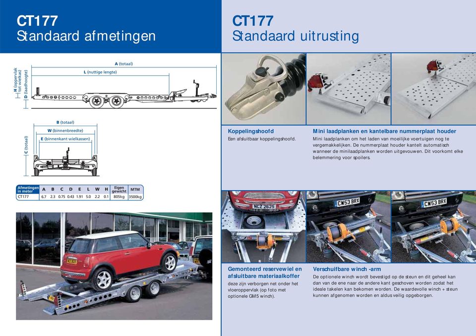 De nummerplaat houder kantelt automatisch wanneer de minilaadplanken worden uitgevouwen. Dit voorkomt elke belemmering voor spoilers. Afmetingen in meter CT177 A B C D E L W H 6.7 2.3 0.75 0.43 1.