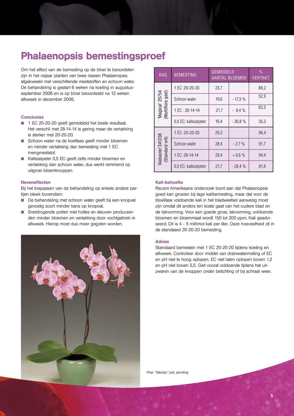 Het verschil met 28-14-14 is gering maar de vertakking is sterker met 20-20-20. Schoon water na de koelfase geeft minder bloemen en minder vertakking dan bemesting met 1 EC mengmeststof.