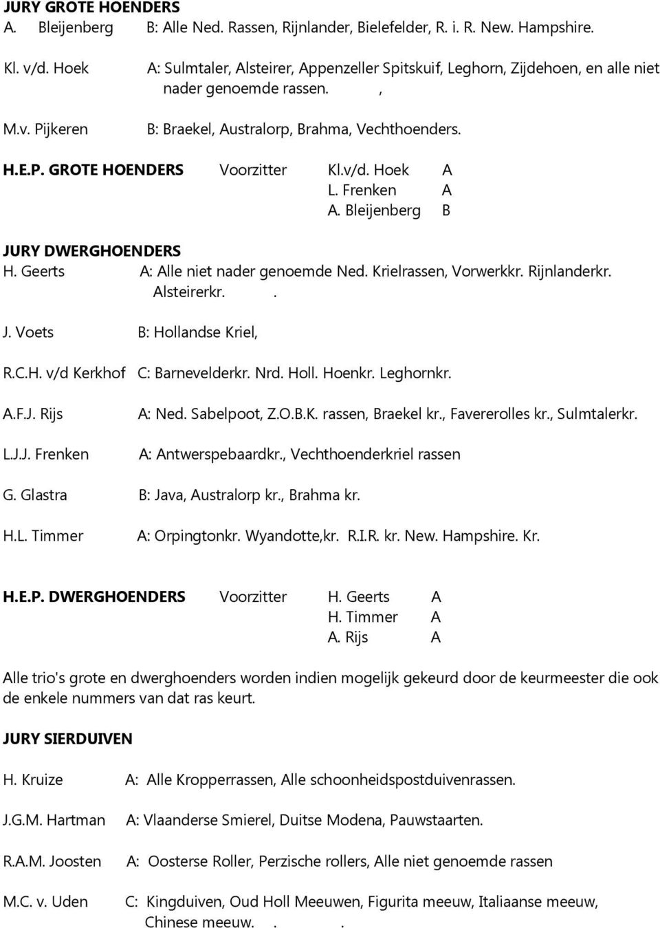 v/d. Hoek A L. Frenken A A. Bleijenberg B JURY DWERGHOENDERS H. Geerts A: Alle niet nader genoemde Ned. Krielrassen, Vorwerkkr. Rijnlanderkr. Alsteirerkr.. J. Voets B: Hollandse Kriel, R.C.H. v/d Kerkhof C: Barnevelderkr.