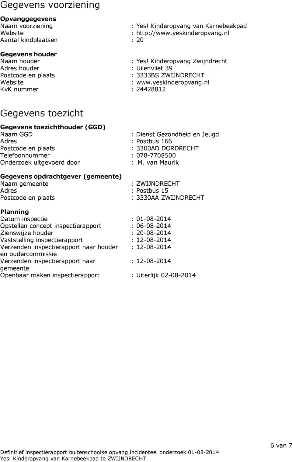 nl KvK nummer : 24428812 Gegevens toezicht Gegevens toezichthouder (GGD) Naam GGD : Dienst Gezondheid en Jeugd Adres : Postbus 166 Postcode en plaats : 3300AD DORDRECHT Telefoonnummer : 078-7708500