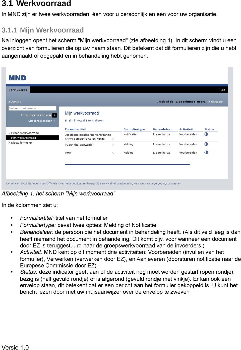 Afbeelding 1: het scherm "Mijn werkvoorraad" In de kolommen ziet u: Formuliertitel: titel van het formulier Formuliertype: bevat twee opties: Melding of Notificatie Behandelaar: de persoon die het