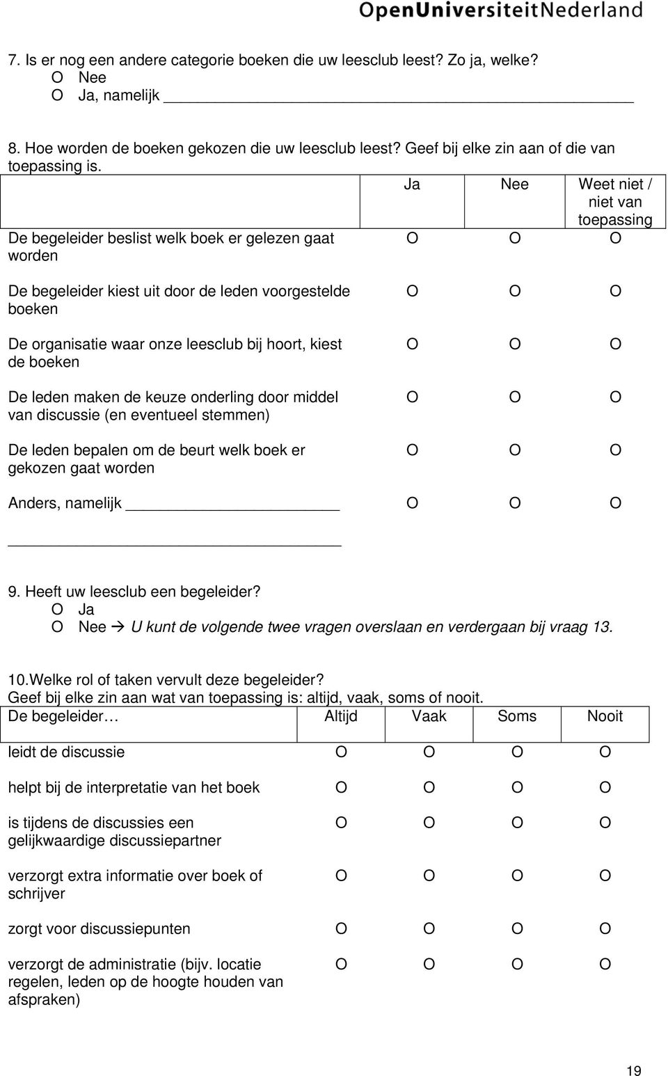 Ja Nee Weet niet / niet van toepassing De begeleider beslist welk boek er gelezen gaat worden De begeleider kiest uit door de leden voorgestelde boeken De organisatie waar onze leesclub bij hoort,