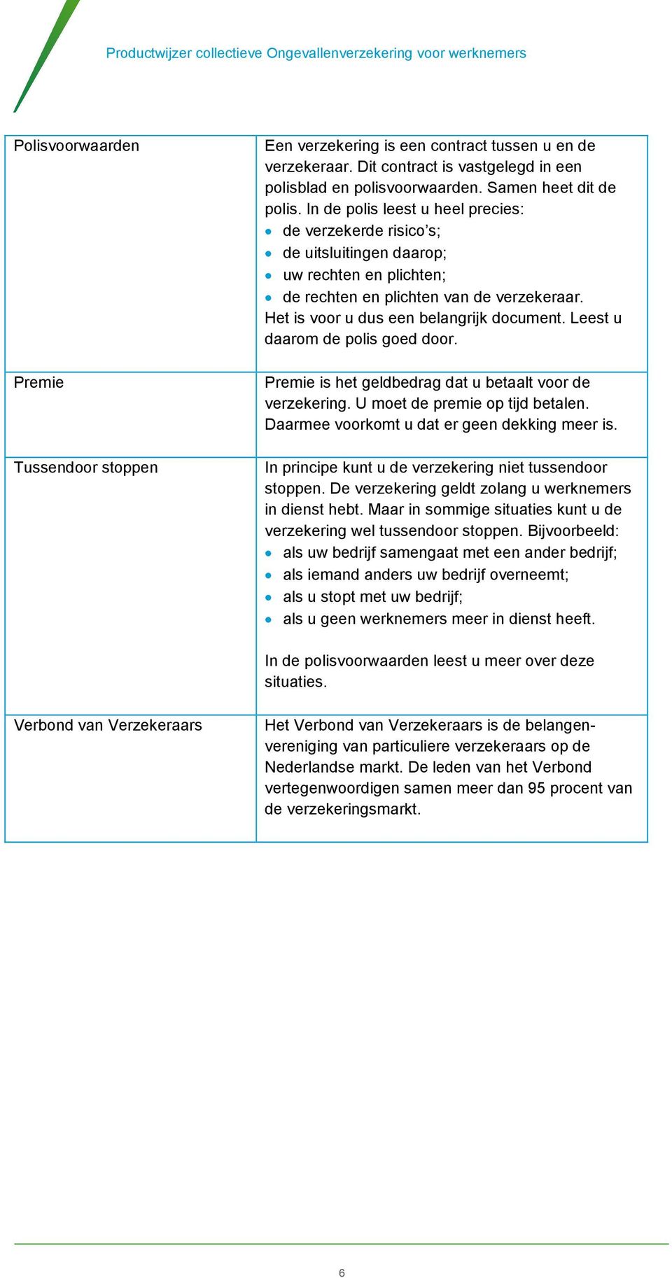 Leest u daarom de polis goed door. Premie is het geldbedrag dat u betaalt voor de verzekering. U moet de premie op tijd betalen. Daarmee voorkomt u dat er geen dekking meer is.