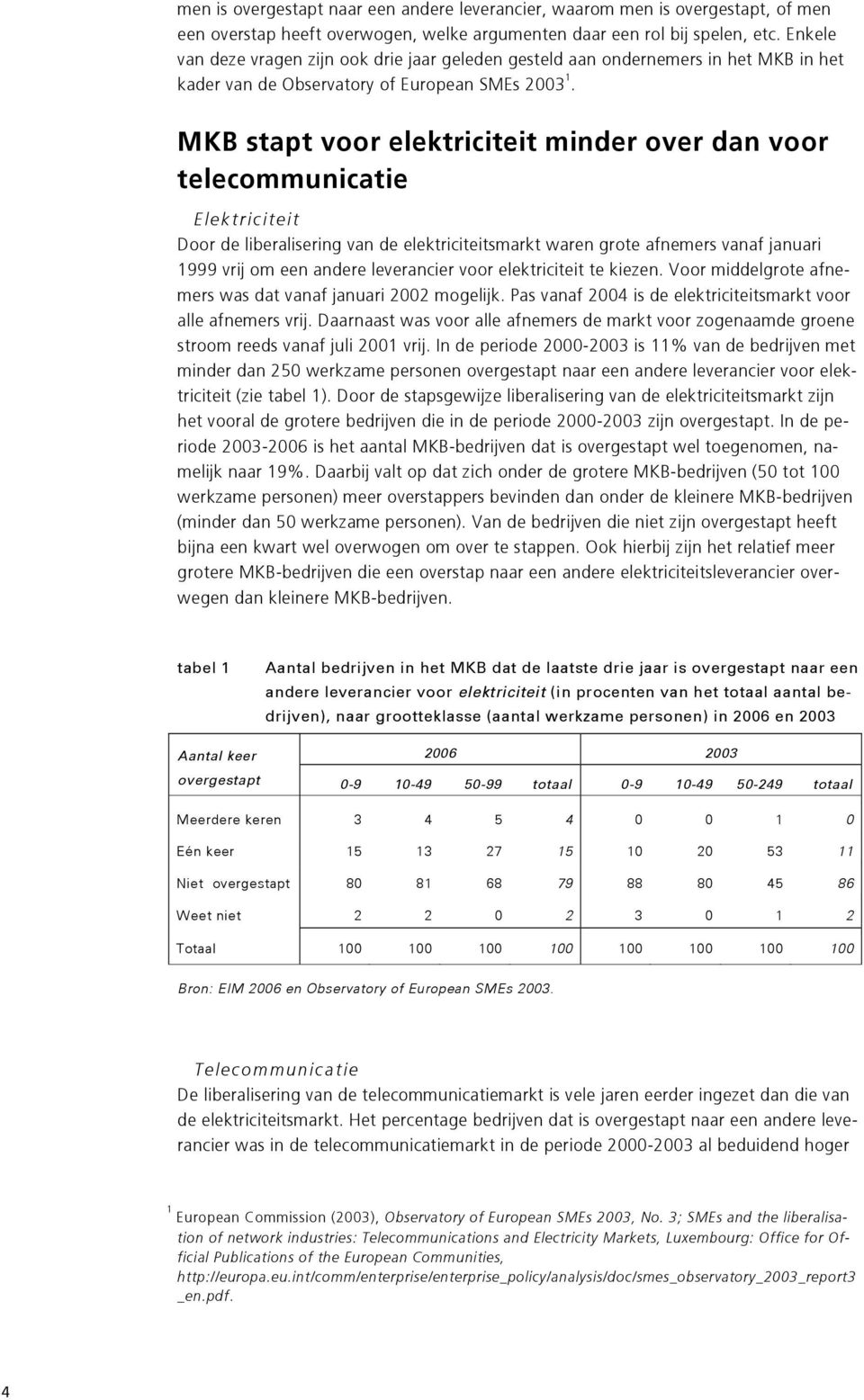 MKB stapt voor elektriciteit minder over dan voor telecommunicatie Door de liberalisering van de elektriciteitsmarkt waren grote afnemers vanaf januari 1999 vrij om een andere leverancier voor