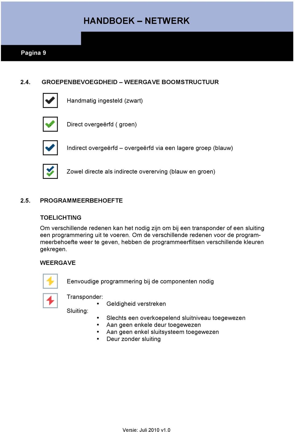 overerving (blauw en groen) 2.5. PROGRAMMEERBEHOEFTE TOELICHTING Om verschillende redenen kan het nodig zijn om bij een transponder of een sluiting een programmering uit te voeren.