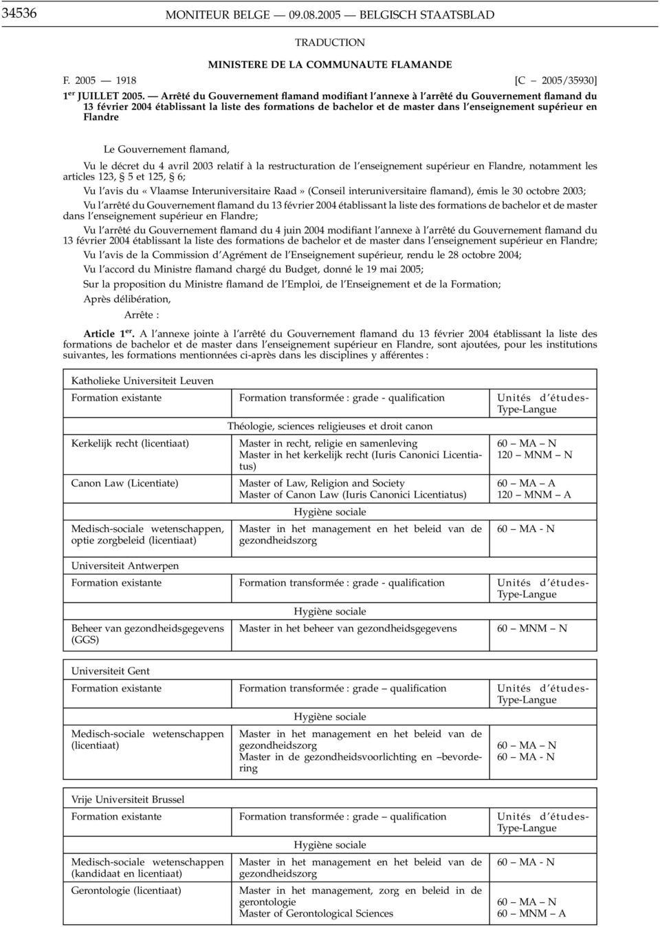 Flandre Le Gouvernement flamand, Vu le décret du 4 avril 2003 relatif à la restructuration de l enseignement supérieur en Flandre, notamment les articles 123, 5 et 125, 6; Vu l avis du «Vlaamse