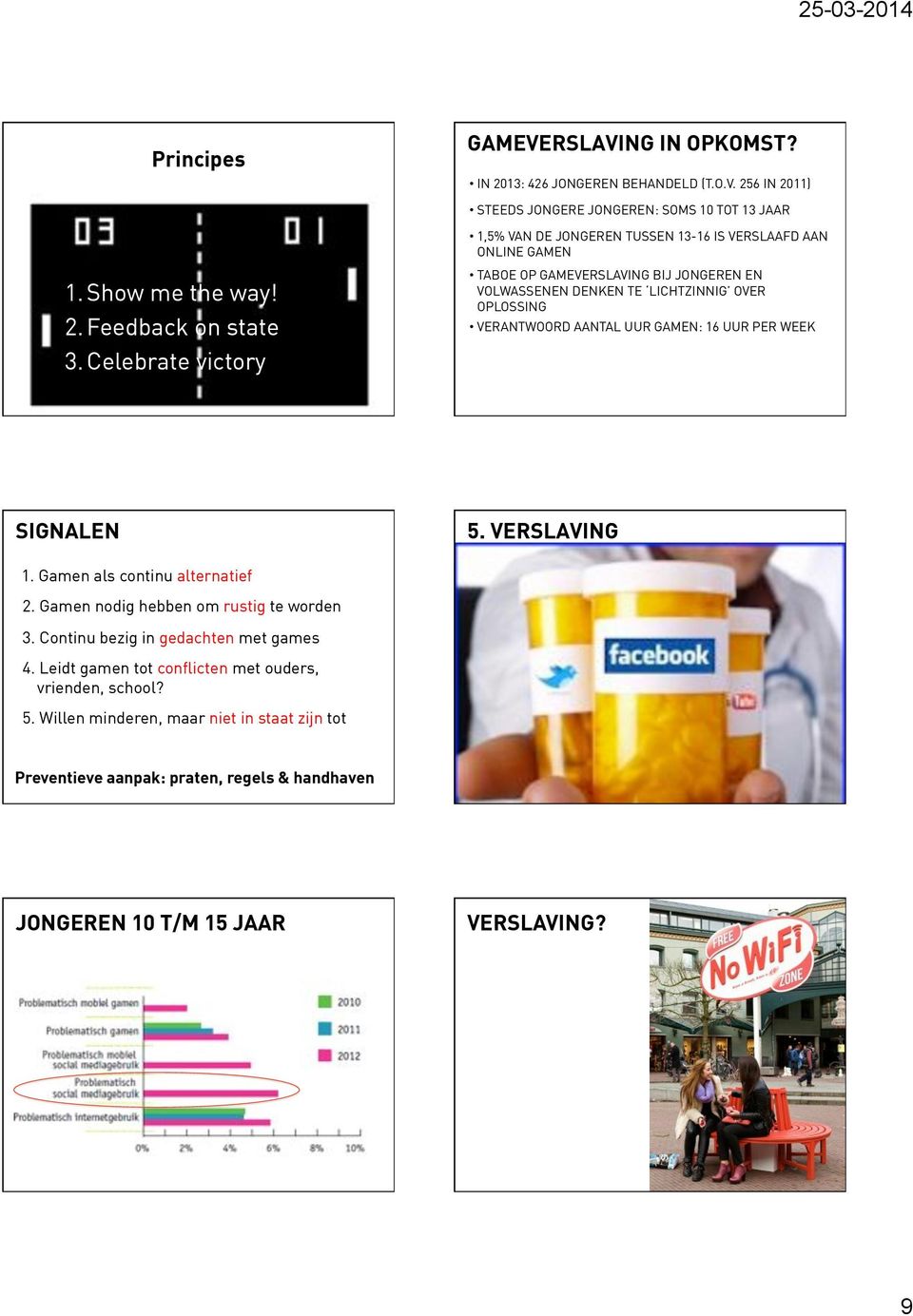 Celebrate victory TABOE OP GAMEVERSLAVING BIJ JONGEREN EN VOLWASSENEN DENKEN TE LICHTZINNIG OVER OPLOSSING VERANTWOORD AANTAL UUR GAMEN: 16 UUR PER WEEK SIGNALEN 5. VERSLAVING 1.