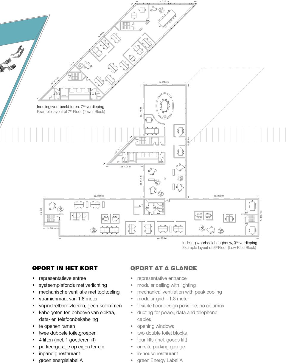 5 m Indelingsvoorbeeld laagbouw, 3 de verdieping Example layout of 3 rd Floor (Low-Rise Block) QPORT IN HET KORT representatieve entree systeemplafonds met verlichting mechanische ventilatie met