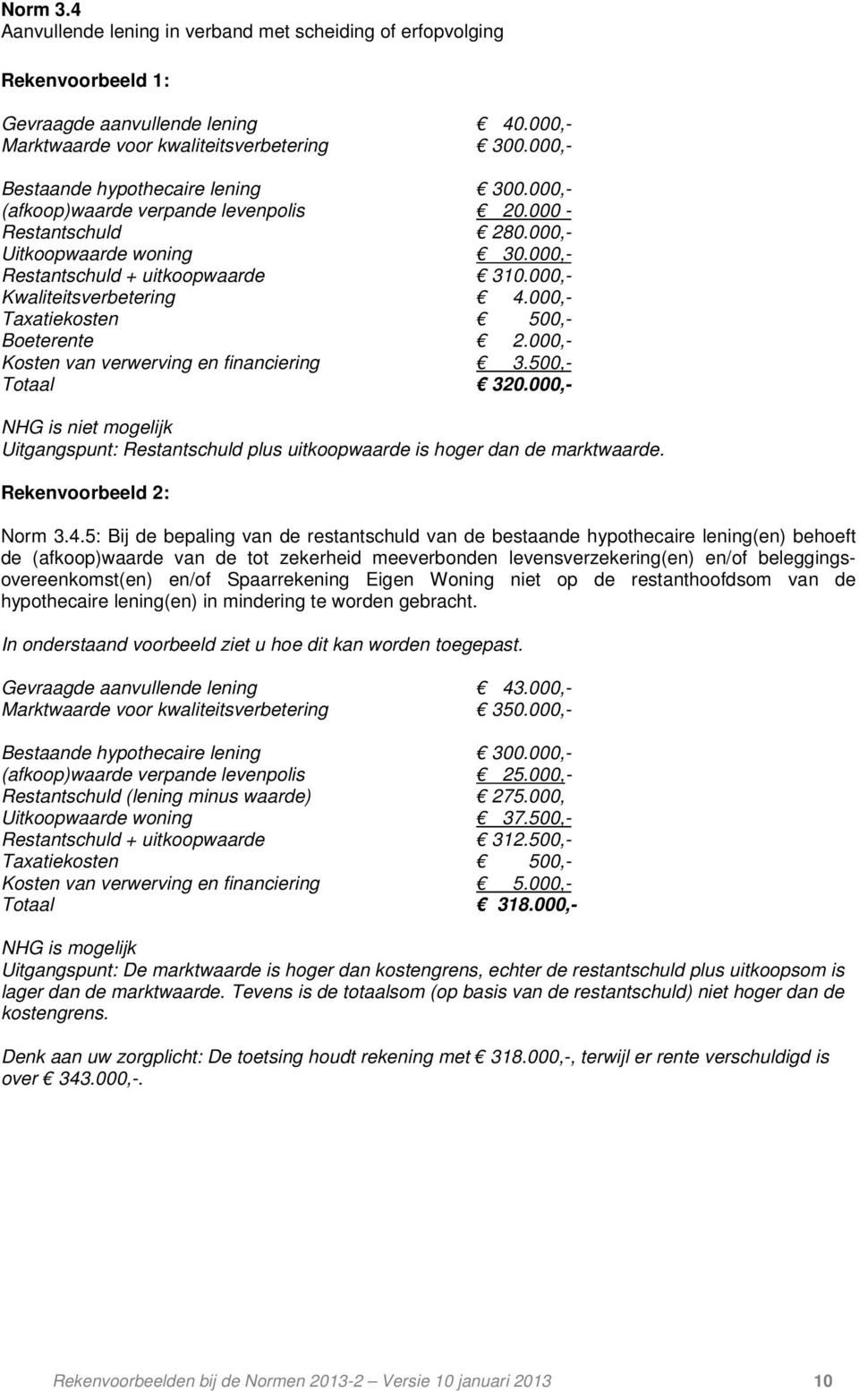 000,- Kosten van verwerving en financiering 3.500,- Totaal 320.000,- NHG is niet mogelijk Uitgangspunt: Restantschuld plus uitkoopwaarde is hoger dan de marktwaarde. Norm 3.4.