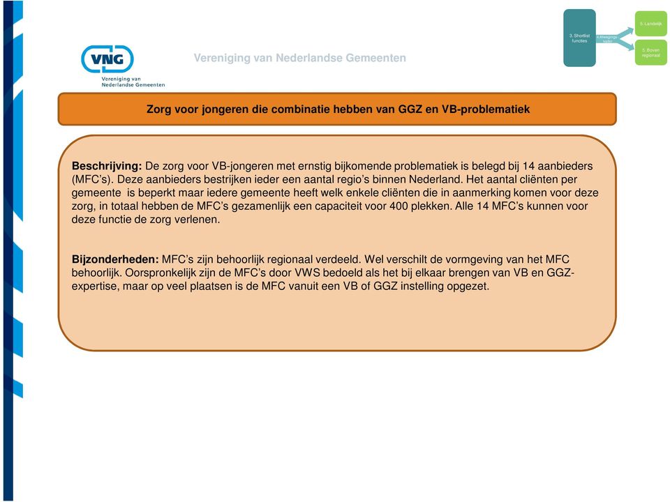 Het aantal cliënten per gemeente is beperkt maar iedere gemeente heeft welk enkele cliënten die in aanmerking komen voor deze zorg, in totaal hebben de MFC s gezamenlijk een capaciteit voor 400