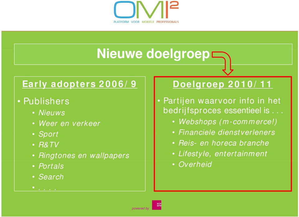 ... Doelgroep 2010/11 Partijen waarvoor info in het bedrijfsproces essentieel is.