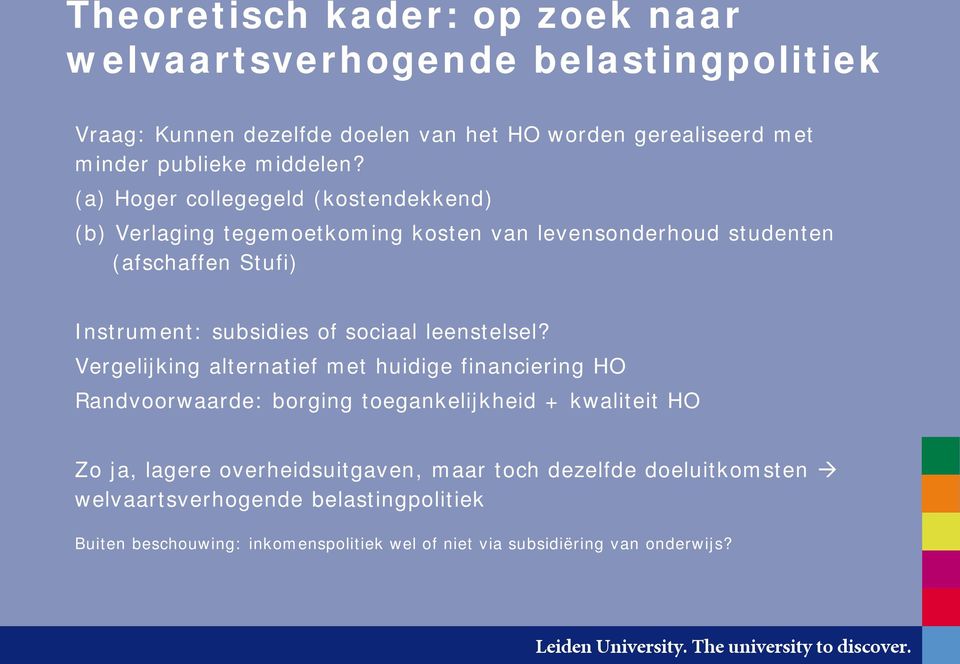 (a) Hoger collegegeld (kostendekkend) (b) Verlaging tegemoetkoming kosten van levensonderhoud studenten (afschaffen Stufi) Instrument: subsidies of sociaal