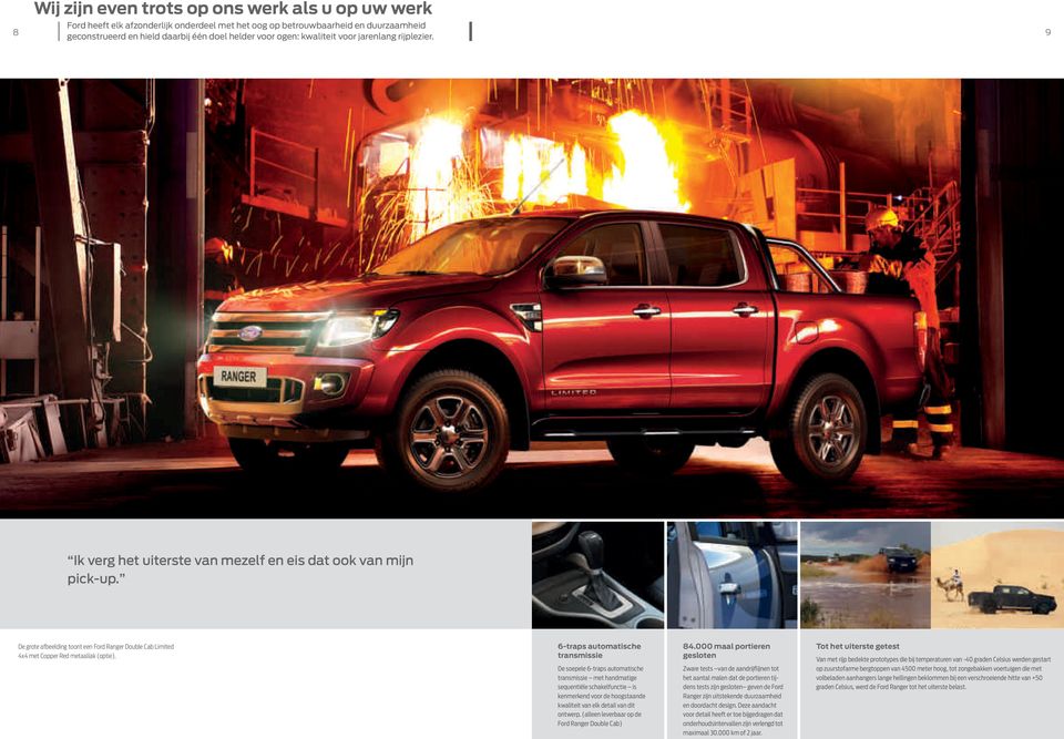 De grote afbeelding toont een Ford Ranger Double Cab Limited 4x4 met Copper Red metaallak (optie). 6-traps automatische transmissie 84.