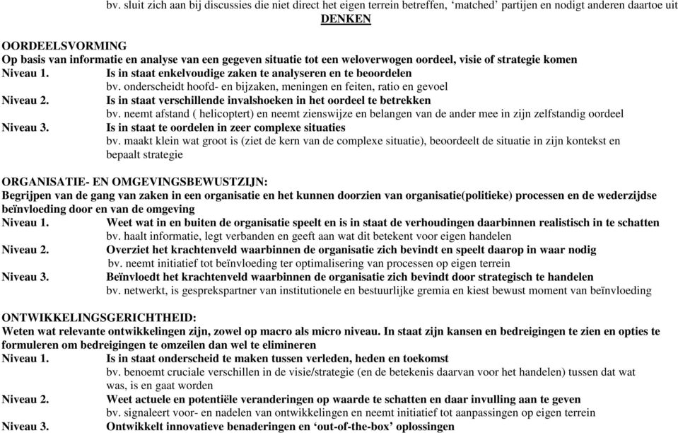 onderscheidt hoofd- en bijzaken, meningen en feiten, ratio en gevoel Niveau 2. Is in staat verschillende invalshoeken in het oordeel te betrekken bv.